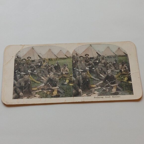 Antique Stereograph Card "Enjoying Good Rations" Made in USA Colour Card - Picture 1 of 4